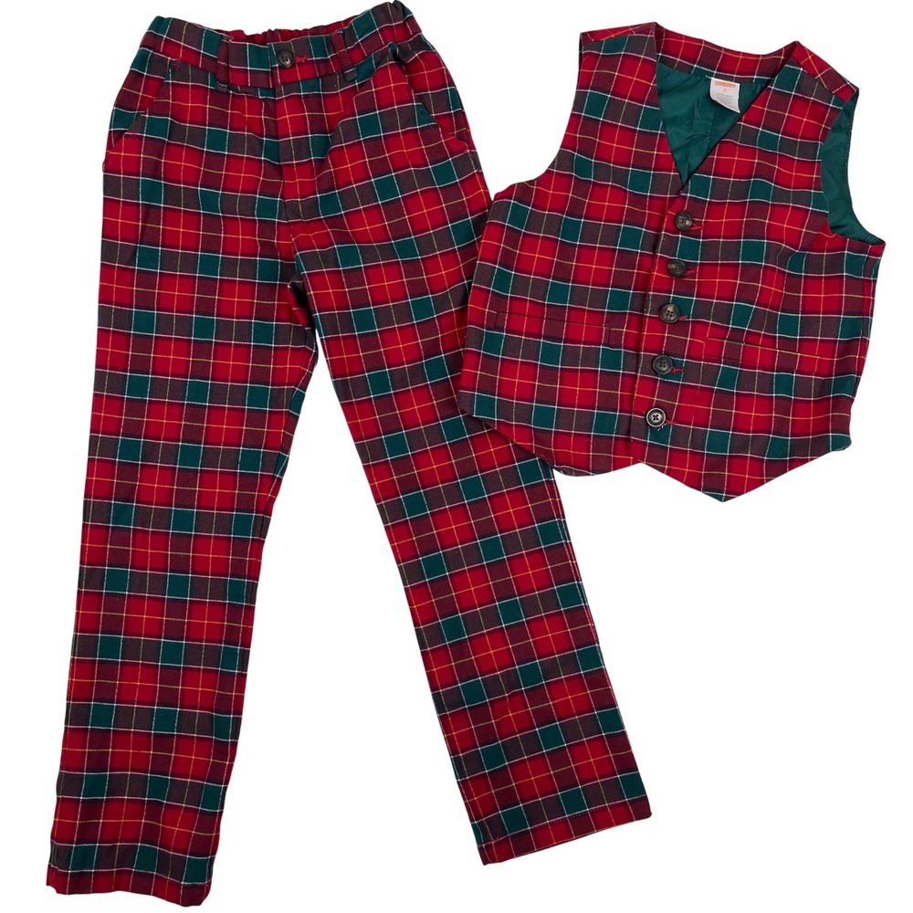 Gymboree Boys 7 Red Plaid Vest Pants Set Holiday Christmas Tartan Adjustable